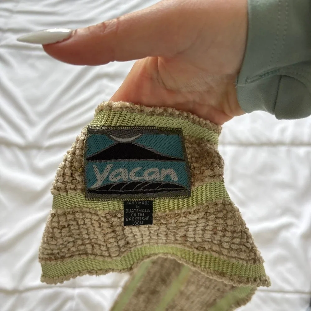 Yacan Handwoven Scarf Guatemala Backstrap Loom Cotton Rayon Green Tan Fringe